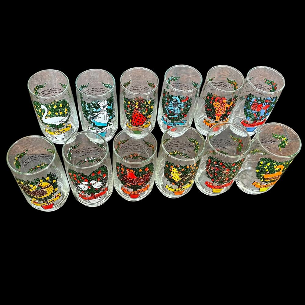 Vintage Anchor Hocking 12 Days of Christmas Drinking Glasses MCM Tumblers READ